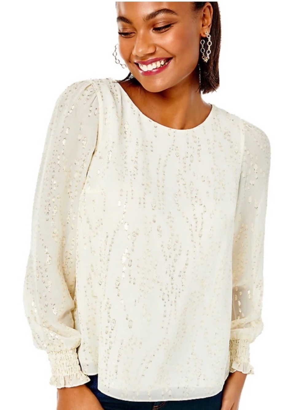 Lilly Pulitzar - Idina Long Sleeve Silky Blouse - Coconut Glitter - Size Small
